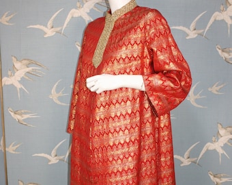 Vintage 60s/ 70s Kaftan/ Bou Bou dress, red & gold brocade loose fit cocktail dress, 42" bust