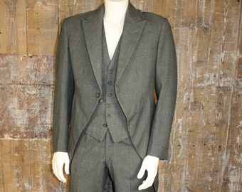 Vintage 1930s Moss Bros grey 3 piece morning suit, coat, waistcoat, trousers with braces, size 36 L