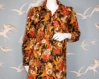 Vintage mini-jurk met oranje bloemen uit de jaren 70, maat 12 UK/38" buste overhemdjurk