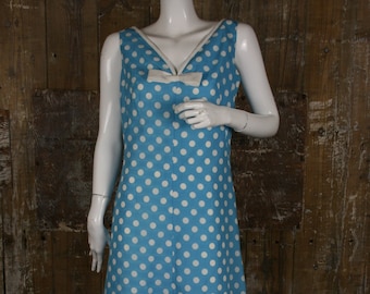 Vintage 60s/ 70s polka dot maxi dress, Cresta Couture blue/ white size 12/ 38" bust sleeveless maxi