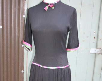 Vintage 1940s dress, petite black crepe drop waist day dress, size 8