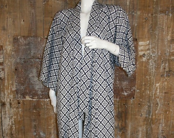 Vintage maxi kimono, blue/ white full length unisex robe, size M/L,