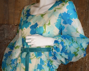 Vintage 70s blue floral maxi dress, balloon sleeve size 8 English Lady georgette maxi