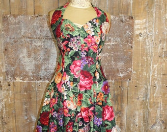 Vintage 80s does 50s halter neck dress, black/ red floral rockabilly retro mini dress, size 8 UK