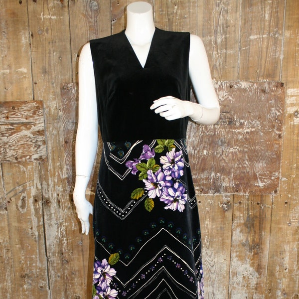 L Vintage 70s velvet dress, Brilliant Samt Niedieck designer black floral velvet cocktail dress size 14 UK/ 40" bust