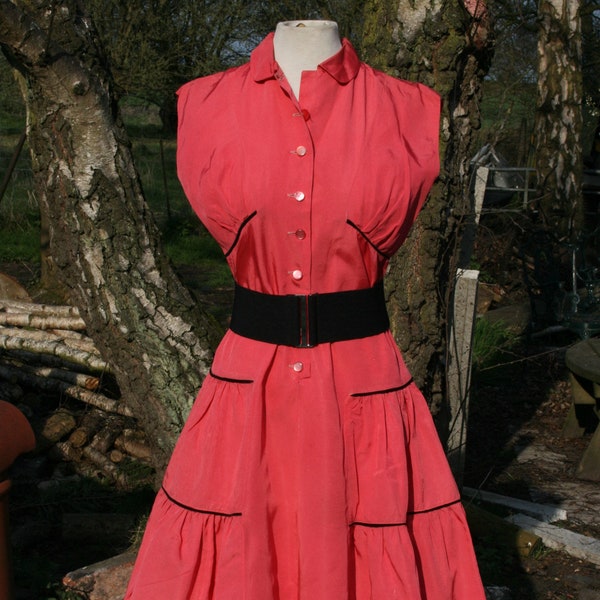 Vintage rockabilly/ jive/ swing dress, pink taffeta, black piping, 1950s rock n roll dance dress, waspie belt, size 10/ 12