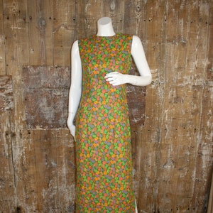 Vintage 60s maxi dress, size 10/ 36&quot; bust green/ orange sleeveless cotton dolly mixture print dress