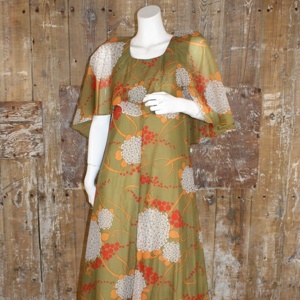 Vintage jaren '70 cape mouw maxi jurk, Alexander Clare groene hortensia print chiffon cocktail jurk maat 8/ 34" buste