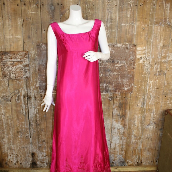 Vintage 60s fuchsia pink satin maxi dress, low back/ embroidered hem size 10 UK/ 36" bust