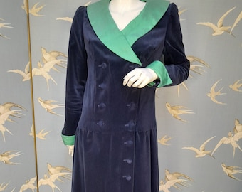 Vintage 80s blue velvet/ green silk coat dress, size 10 UK/ 37" bust