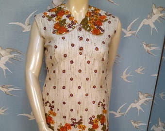 Large vintage 60s mod dress, size 14 UK/ 42" bust knee length floral border print shift dress, L