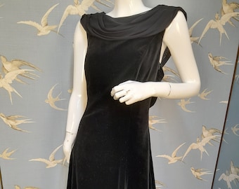Vintage 80s Laura Ashley black velvet dress, size 10 UK/ 36&quot; bust midi length low back cowl neck prom dress