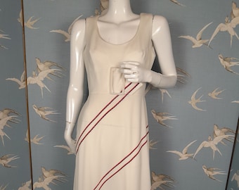 Vintage 1970s maxi dress, size 8 UK/ 34" bust white/ red blue stripe maxi