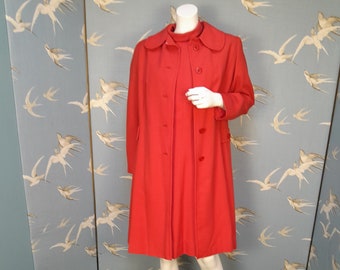 Vintage 1960s red wool A-line dress and coat suit, size 12- 14 UK/ 39" bust