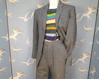 Vintage 1960s mans suit, grey wool 2 piece 40s style suit, original braces, 32" waist/ 29.5" leg/ 38" chest