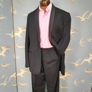 Vintage mid century dinner suit/ tuxedo, 38&quot; waist, 42&quot; chest, tall fit, Status Tailored Clothes black wool suit