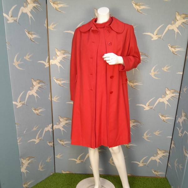 Vintage 1960s red wool A-line dress and coat suit, size 12- 14 UK/ 39" bust