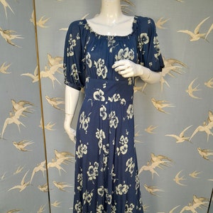 Vintage 70s blue/ grey pansy print maxi dress, size 8 UK/ 34" bust Creation Mademoiselle peasant style dress