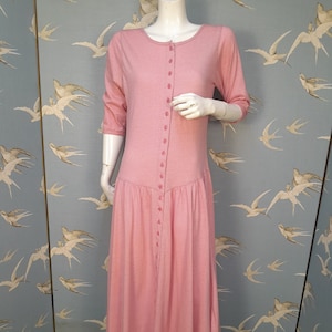 Vintage 80s Laura Ashley pink candy striped cotton jersey dress, size 10 UK/ 36&quot; bust dropped waist 1980s dress