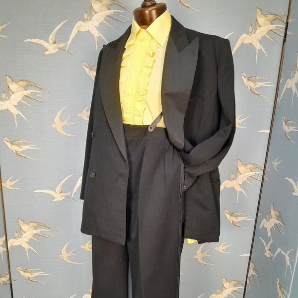 Vintage 1950s Burtons wool dinner suit/ tuxedo, 40" waist, 44" chest, 29.5" leg, black double breasted dinner jacket & button fly trousers