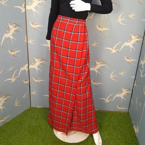 Vintage 70s red maxi length wool tartan skirt, size 8 UK/ 25&quot; waist