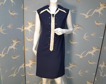 Vintage 1970s/ 80s navy blue & white military/ nautical style dress, large collar, size 8 UK/ 35" bust. See ITEM DETAILS for all measurement