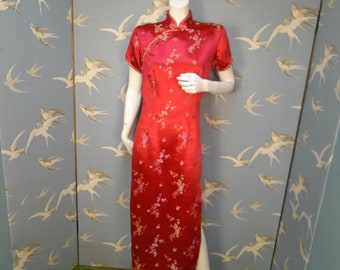 Red cheongsam dress, vintage oriental satin midi/ ankle length dress, size 8- 10 UK/ 35" bust