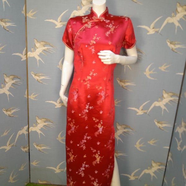 Red cheongsam dress, vintage oriental satin midi/ ankle length dress, size 8- 10 UK/ 35" bust