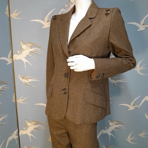 Vintage 1990s does 40s wool tailored trouser suit, size 14 UK brown/ orange herringbone striped silk lined bespoke pants suit