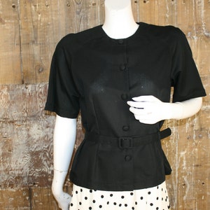 Vintage Daks 90s does 50s black belted cotton blouse/ jacket, size 10 UK/ 37&quot; bust, Norma Della Legge