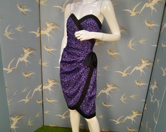 Vintage 80s Quorum cocktail dress, purple/ black strapless dress, size 8- 10 UK 34" bust