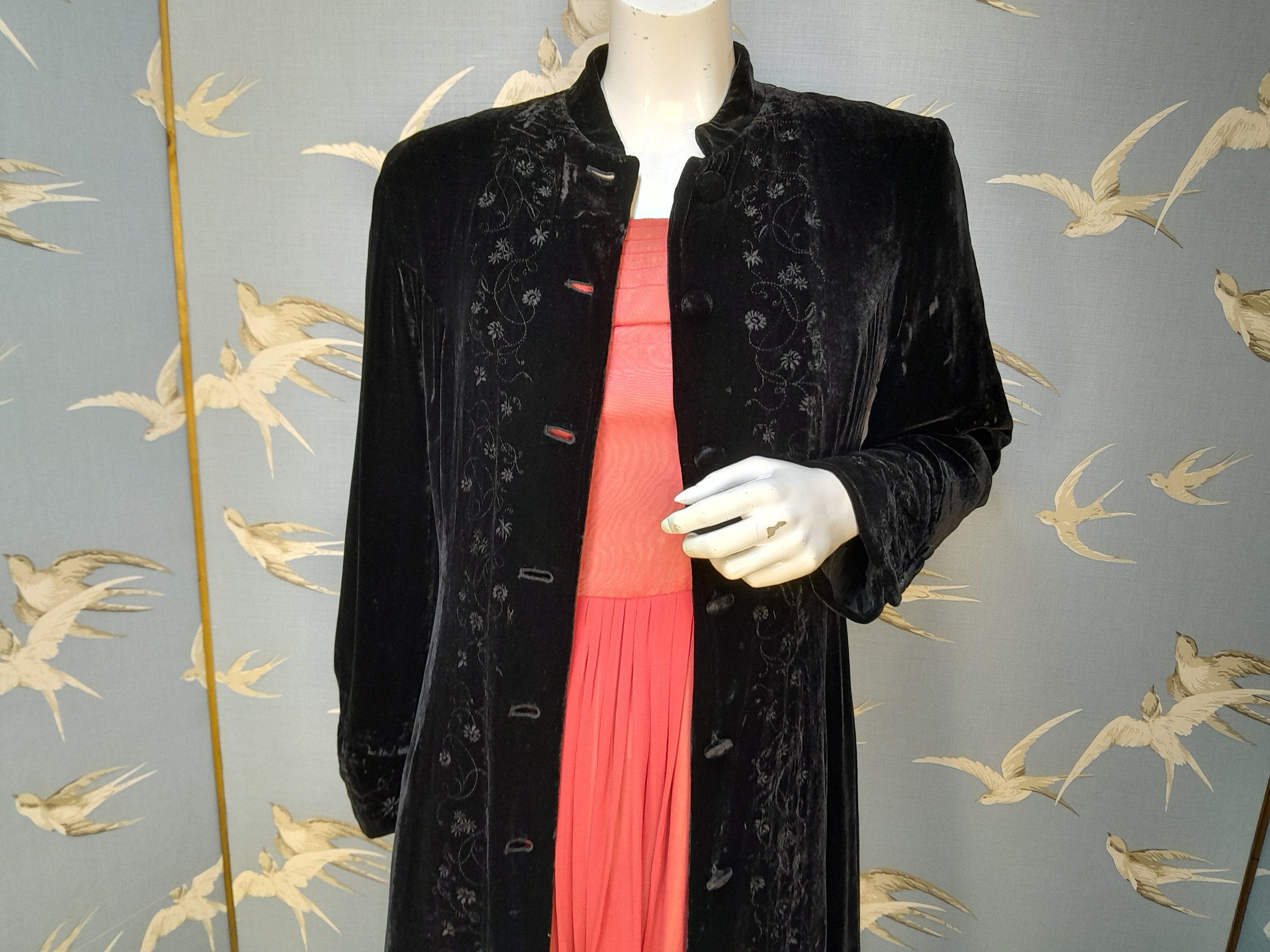 Vintage Laura Ashley black embroidered velvet maxi opera coat 
