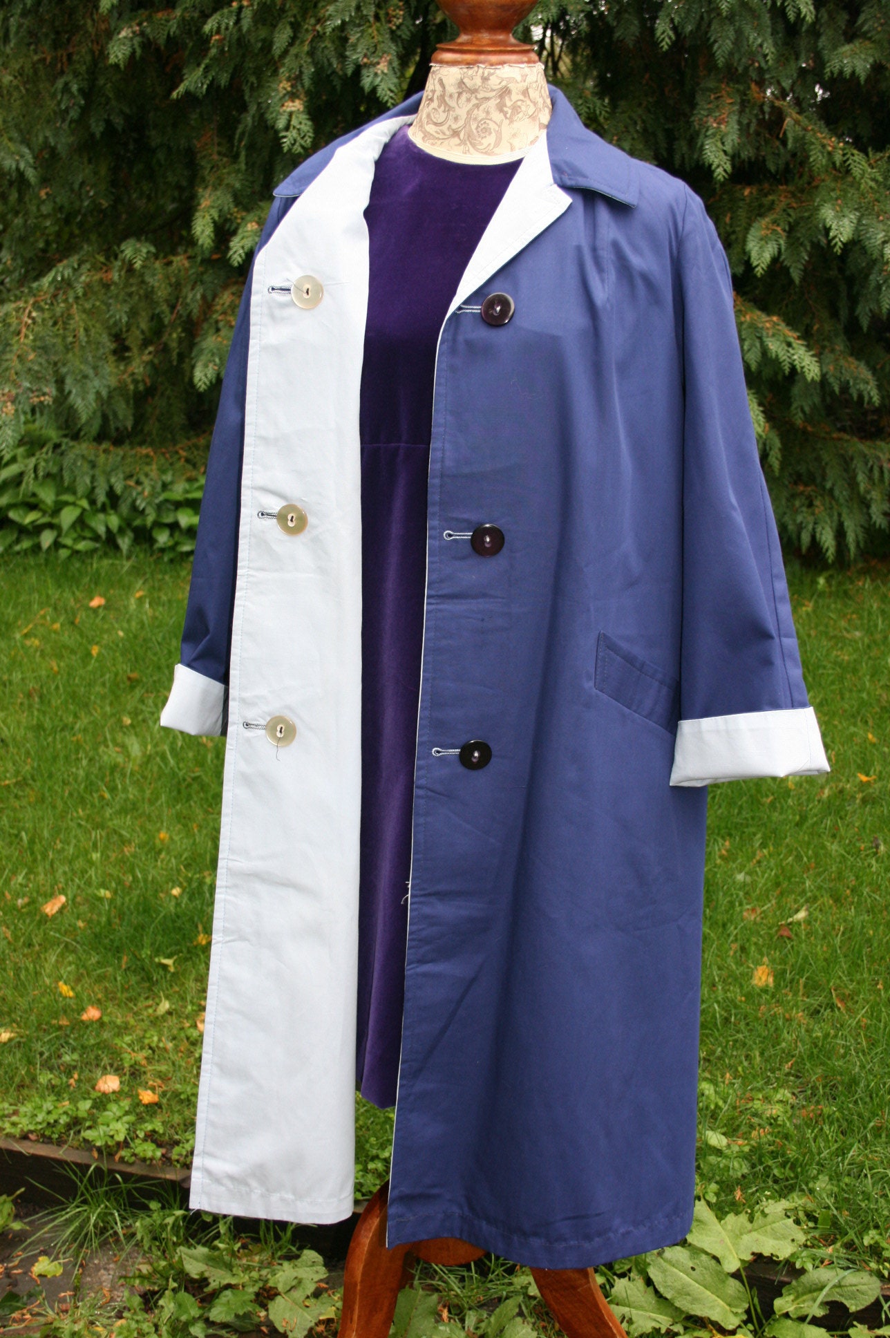 Image of Unworn Vintage S Reversible Gabardine Mac, Size  Uk Blue Rain Coat, " Bust