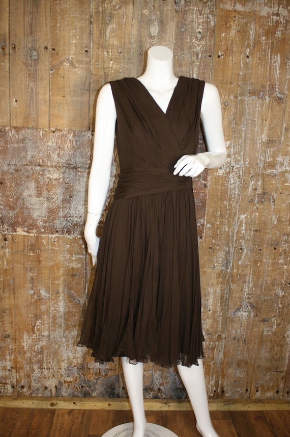 Vintage 50s brown chiffon cocktail dress, wrap fr… - image 2