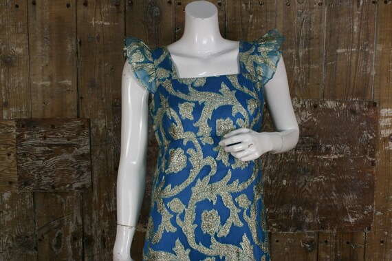 Vintage 60s/ 70s teal/ gold brocade cocktail dres… - image 1