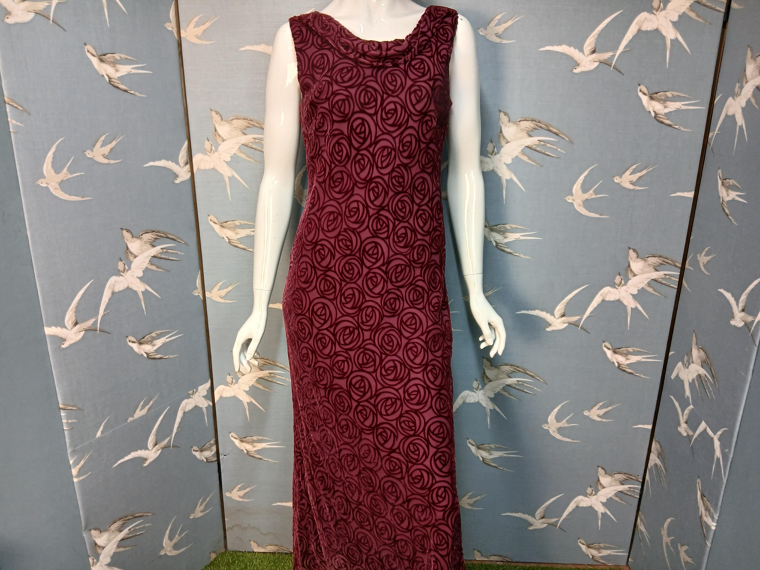 Vintage 1990s Laura Ashley Wine Red Devore Velvet Dress, Silk Mix