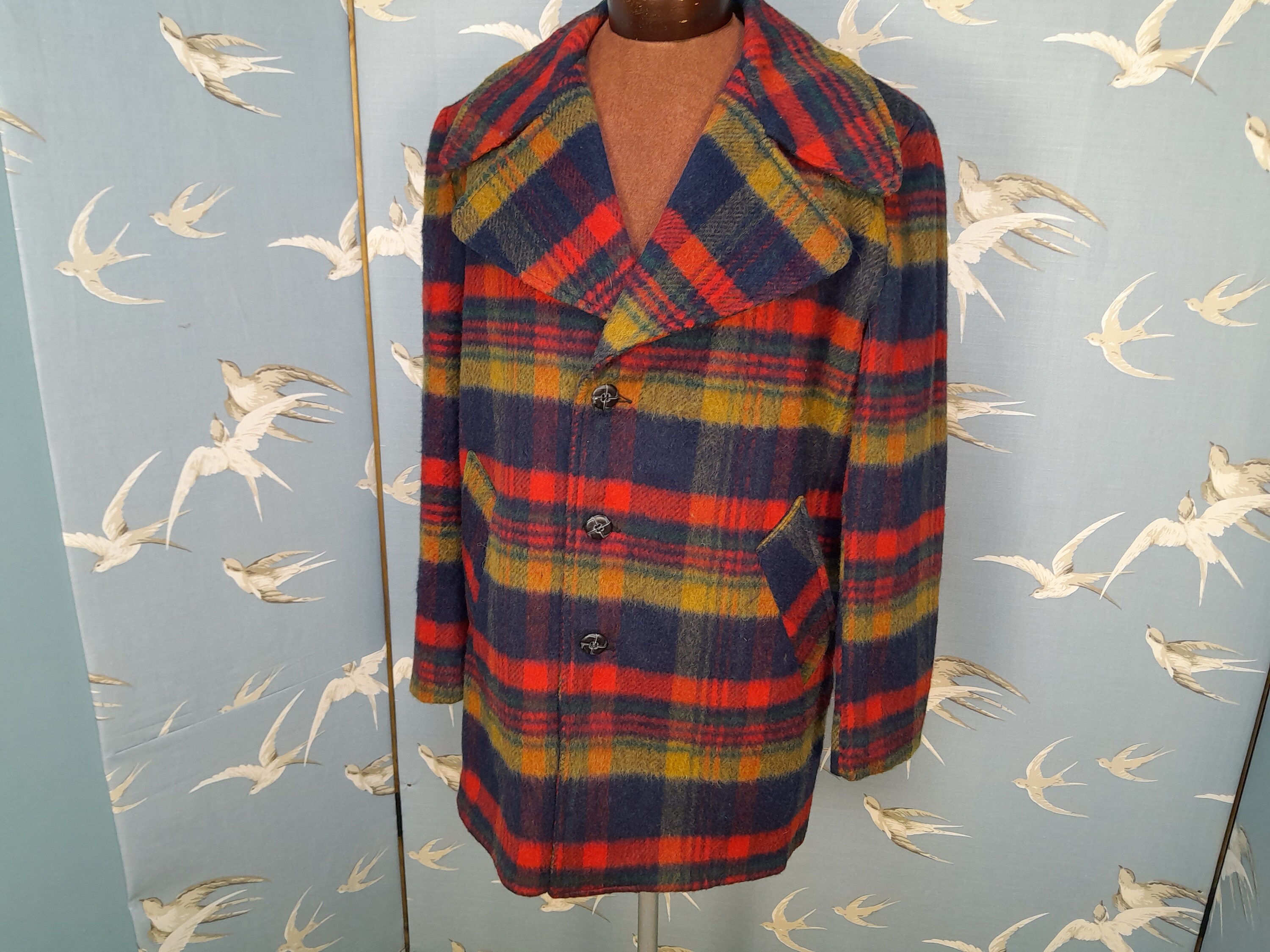 Vintage 70s Bright Red Wool Check Overcoat, Faux Fur Lined 