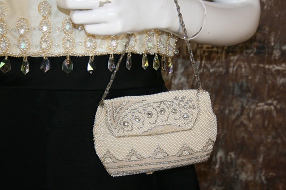 1920s Flapper Clutch Art Deco Beaded Evening Bag w Wrist Strap