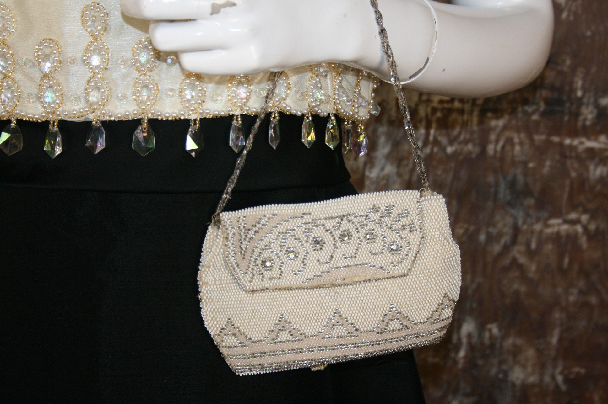 1920s Cream Beaded Evening Bag, Small Vintage Art Deco Cocktail 