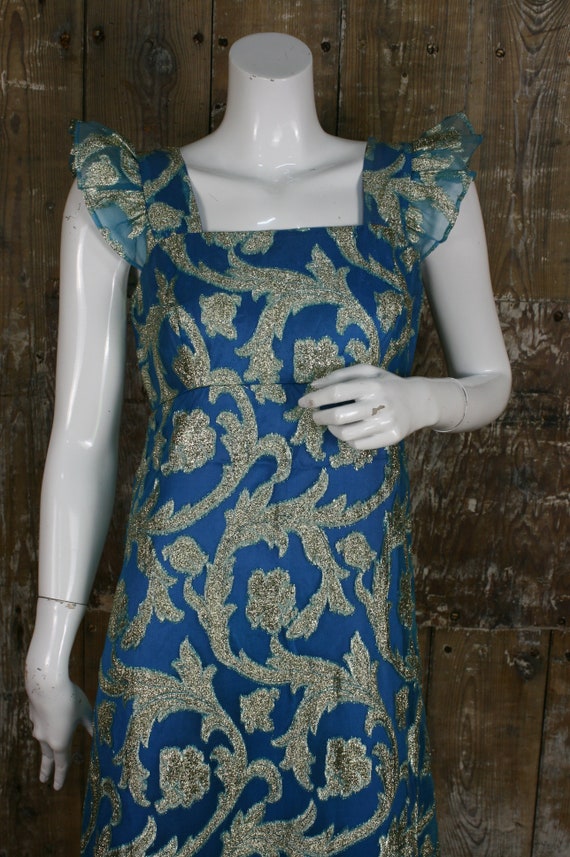 Vintage 60s/ 70s teal/ gold brocade cocktail dres… - image 3