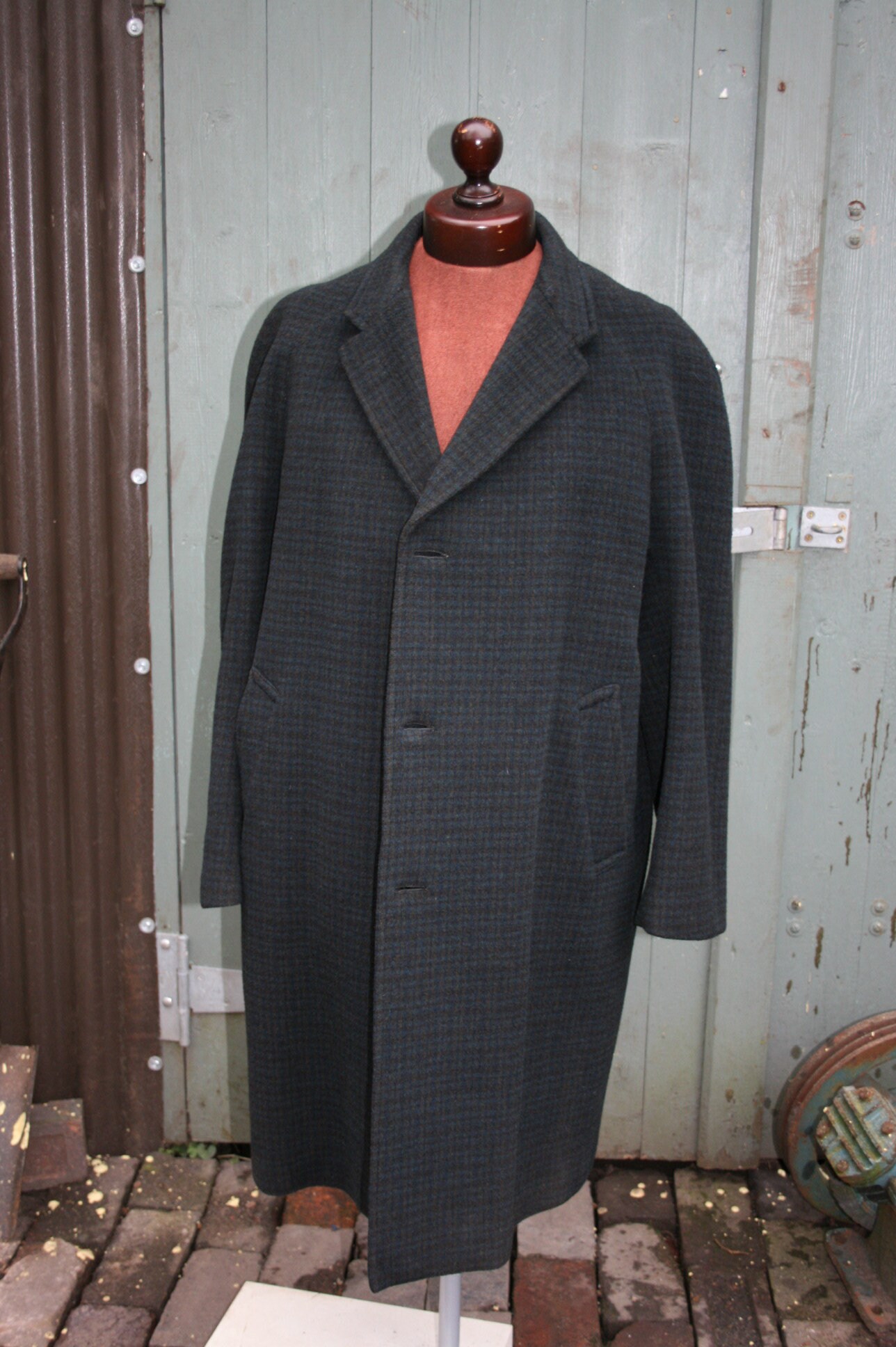 Image of Vintage Mans Crombie Style Overcoat, Black/ Blue Check Wool/ Cashmere Coat, 52" Chest