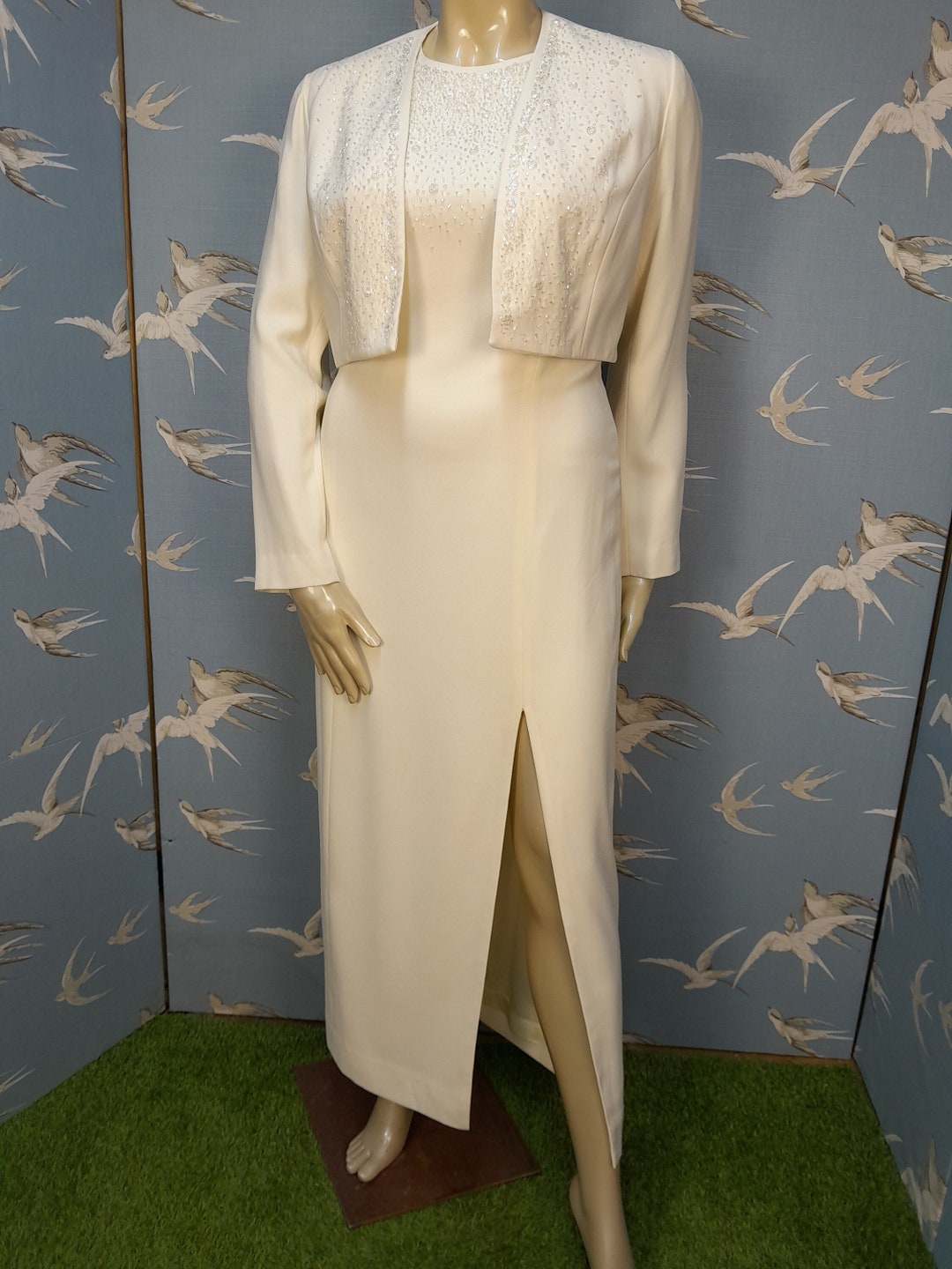 Vintage 1990s maxi vestido con cuentas de marfil y bolero, Liz