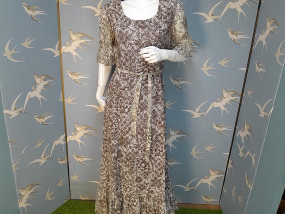 Vintage 70s Kati at Laura Phillips brown & White lace maxi dress, size 12 UK/ 39" bust Vintage 70s Kati at Laura Phillips brown & White lace maxi dress, size 12 UK/ 39" bust