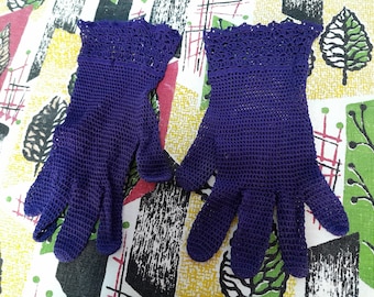 Guantes de algodón de encaje azul vintage de los años 50 / guantes de ganchillo M