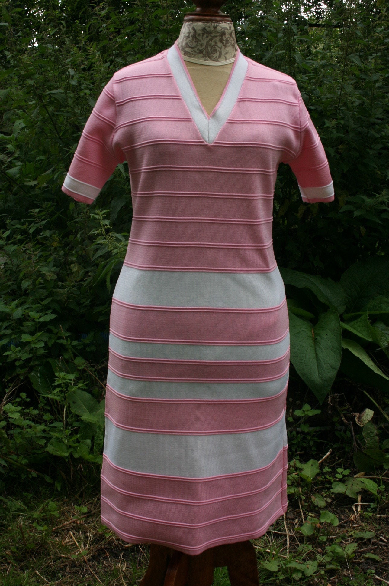 Image of Vintage S Susan Small Knitted Dress, Candy Stripe Pink/ White Tricel, Size /  Uk