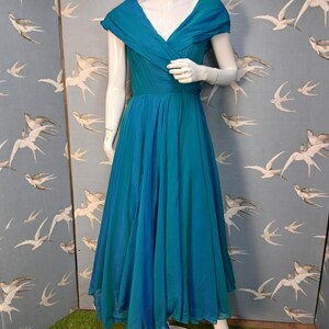 1950s chiffon prom dress Vintage 1950s Teal Blue Chiffon Prom Dress, Size 8 UK/ 34