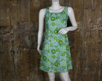XS vintage 60s green/ yellow flower power mini slip dress, size 6 UK/ 32" bust