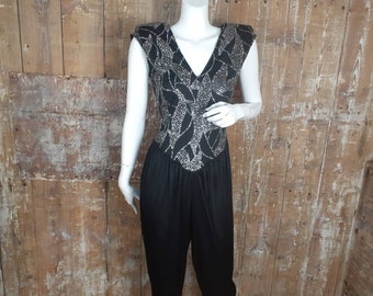 Vintage 80s black & silver jumpsuit, size 6-8 UK/ 32- 34"