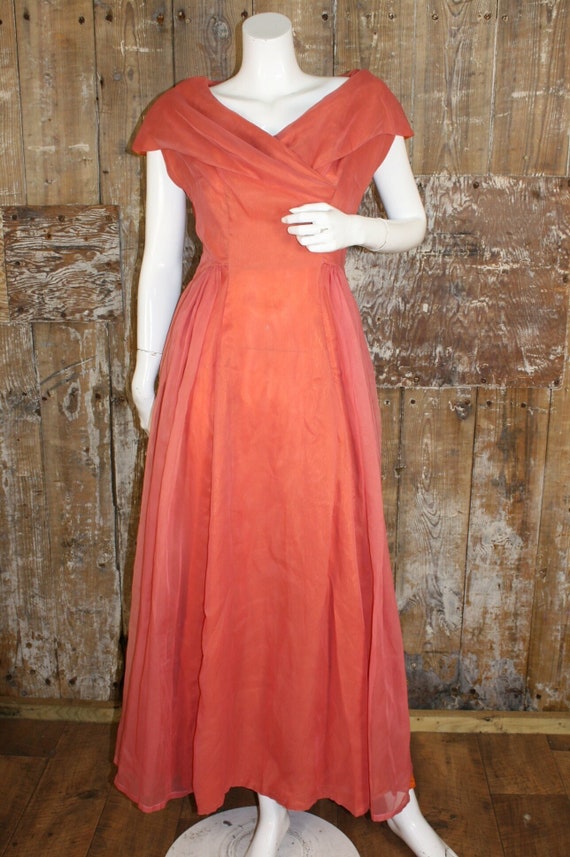nylon chiffon drape back midi cocktail dress Petite 50s 60s red prom dress size 6 UK 32 bust