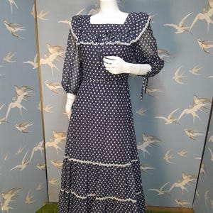 Vintage 1970s Cresta polka dot maxi dress,  blue dotty ruffled prairie dress size 8/ 35&quot; bust